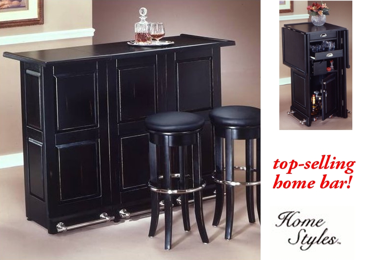 Home Styles Furniture Black Folding Home Bar Cabinet with Chrome Rails 5695-99