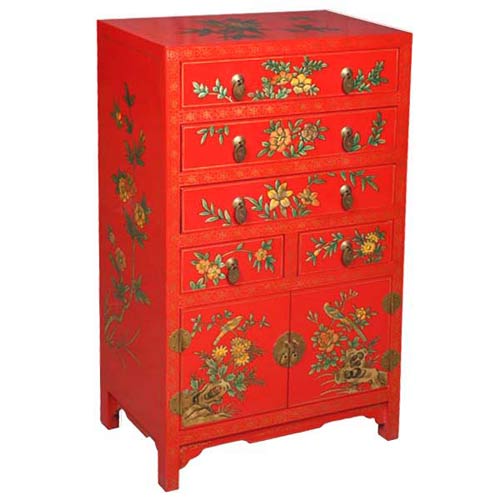 AsiaEXP Red and Pastel Accent Chest 5 Drawers and 1 Cabinet Floral Motif - FREE Inside... by AsiaEXP