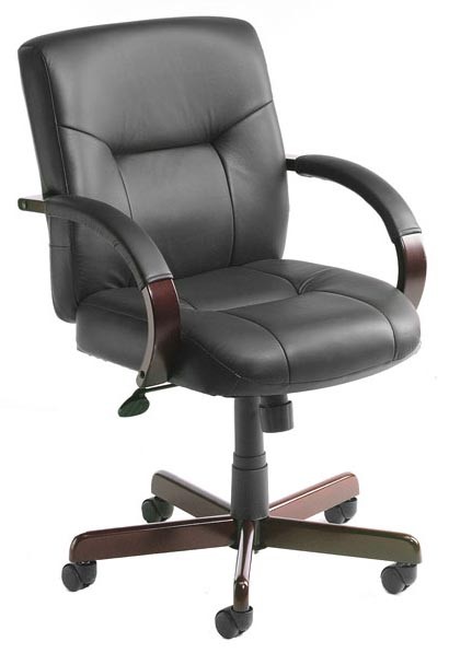 Boss Chair Black Italian Leather Mid Back Executive with Mahogany Finish Chair by Boss Chair